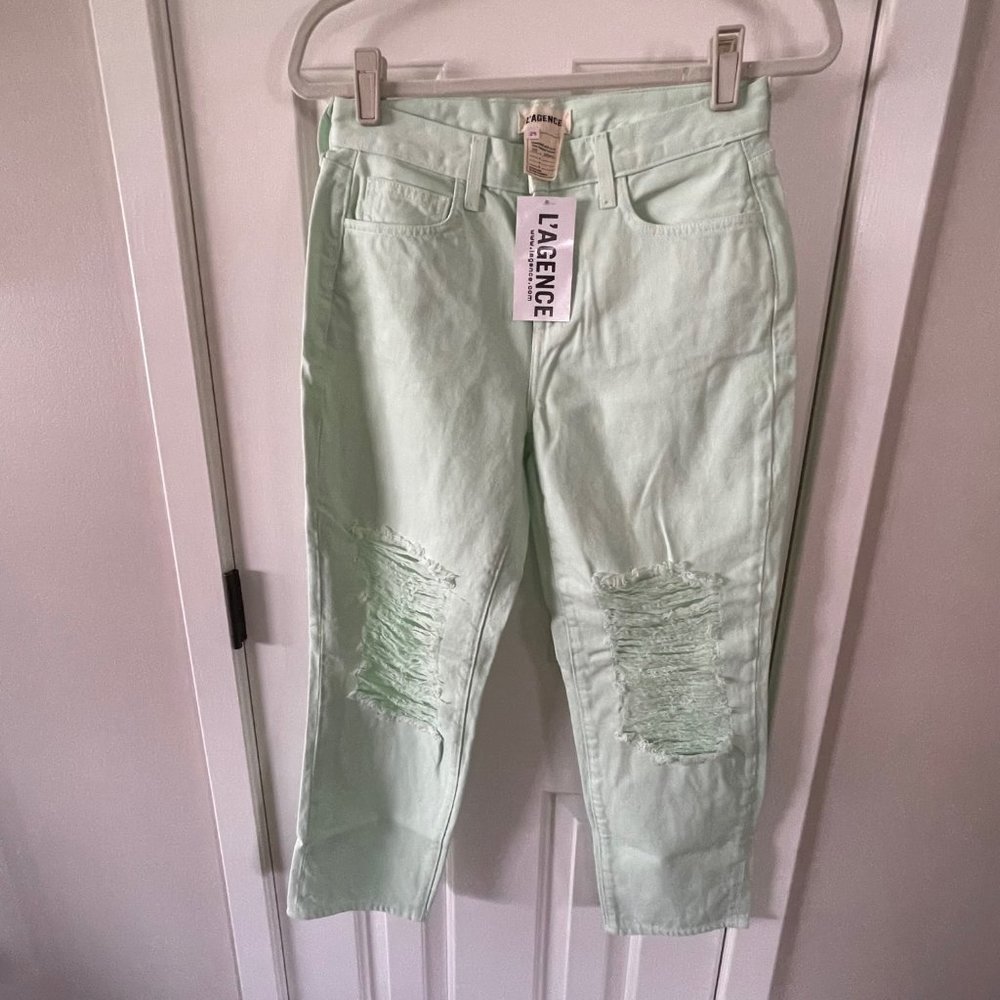 New L'Agence Enya Distressed Mint Green Jeans Cropped High Rise Size 25